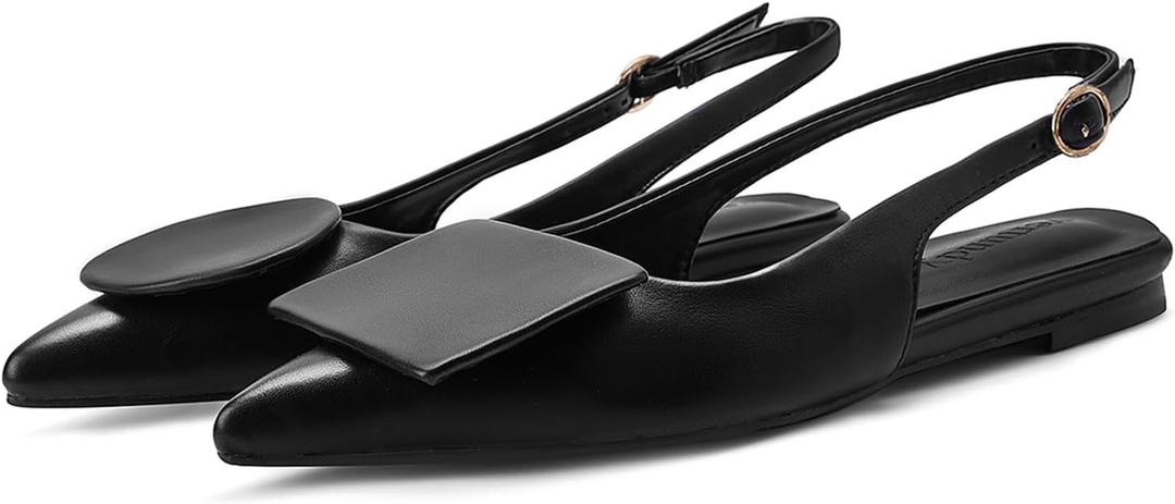 Vertundy Women's Slingback Flats Pointed Toe Flats for Women Low Heel Pumps Ankle Strap Sandals Circle Square Decorative Fashion Design Shoes (6, Black)