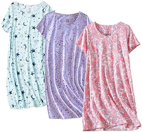 PNAEONG 3 Pack Women's Cotton Nightgown Sleepwear Short Sleeves Shirt Casual Print Sleepdress, L