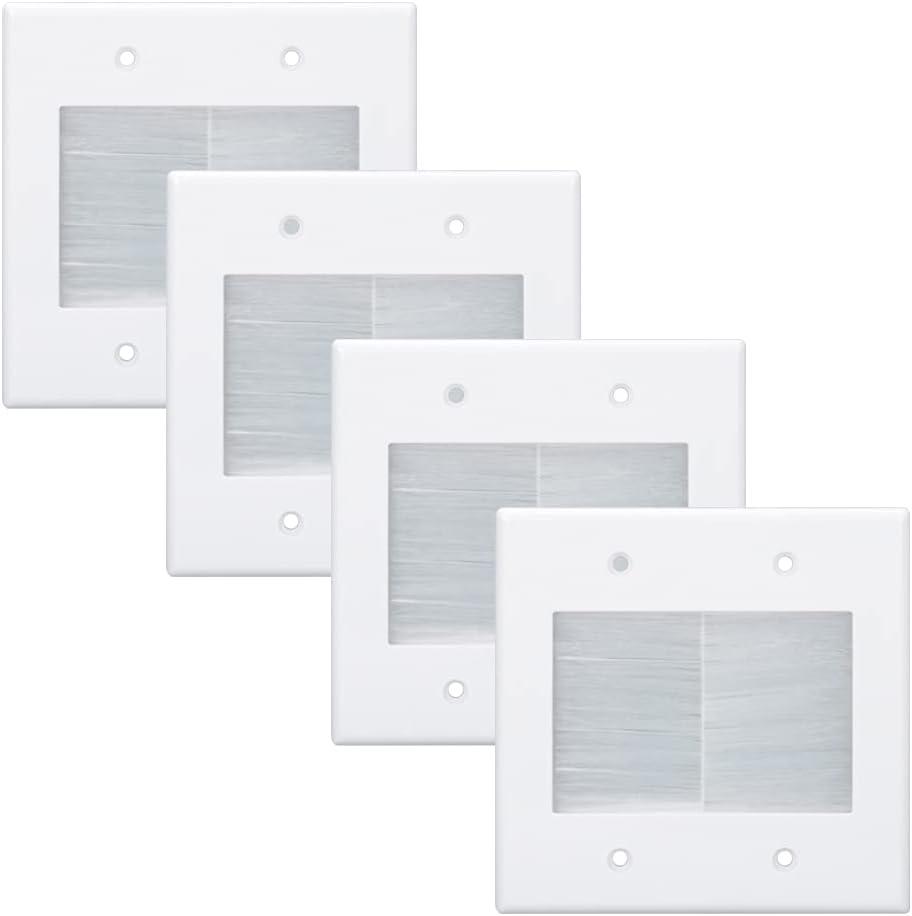 2 Gang Brush Wall Plate White, Double Gang Cable Management Kit for Power Cords and Low Voltage Cables in-Wall Pass Through (Pack of 4)