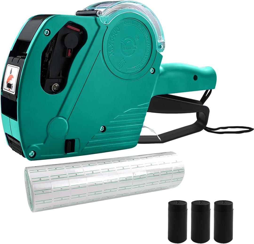 MX-5500 Commercial-Grade 8-Digit Labeling Kit | Price Tag Gun with 5000 White Stickers + 3 Extra Ink Cartridges | Heavy-Duty Numerical Pricing Tool for Retail Stores, Grocery & Office Use (Green)