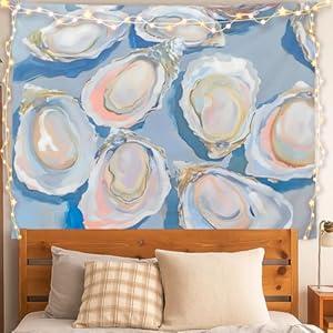 ignytiger Coastal Beach Oyster Wall Tapestry, Blue Oyster Shell Ocean Tapestry Wall Hanging for Teen Girls Beach Bedroom Dorm Apartment, Beachy Room Decor, Oyster Lovers Gifts for Women, 50x60 Inch