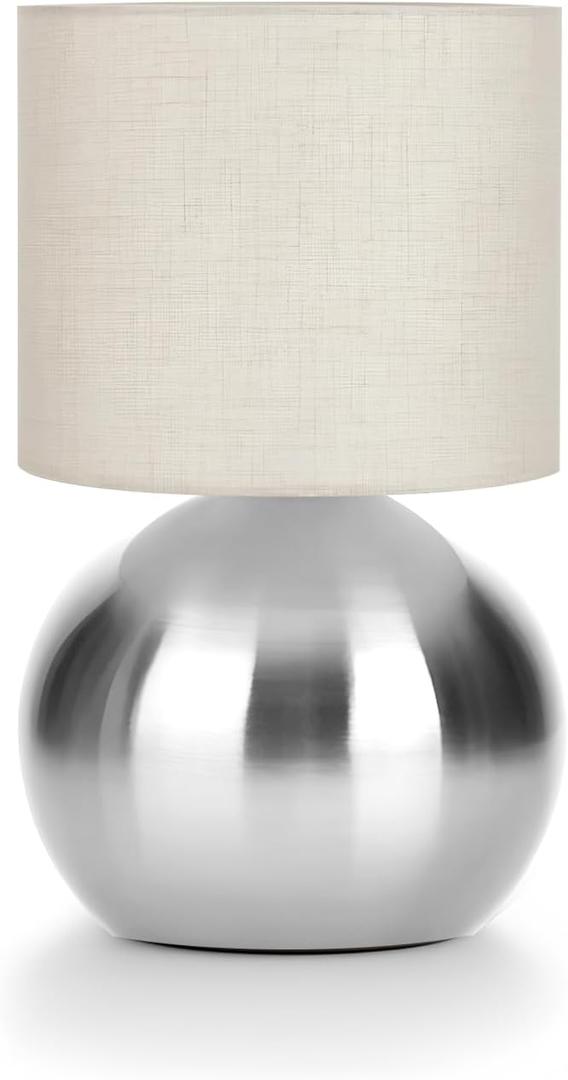Modern Silvery Small Table Lamp with Cotton Linen Shade, 10.4-inch LED Desk Light, One-Button Switch for Bedroom, Living Room, Nightstand, Includes Warm Light Bulb