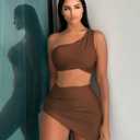 3 Piece Bikini Sets for Women One Shoulder Swimsuits Tummy Control High Waisted with Cover Up Skirt CoffeeBrown Large (Brown, L)