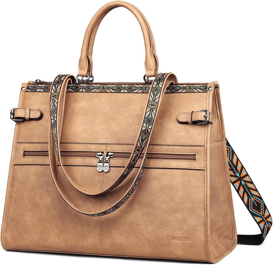 FADEON Laptop Bag for Women Designer PU Leather Large Tote Bags Backpack Purses with 15.6 Laptop Compartment Shoulder Handbag (Camel Brown Retro Style)