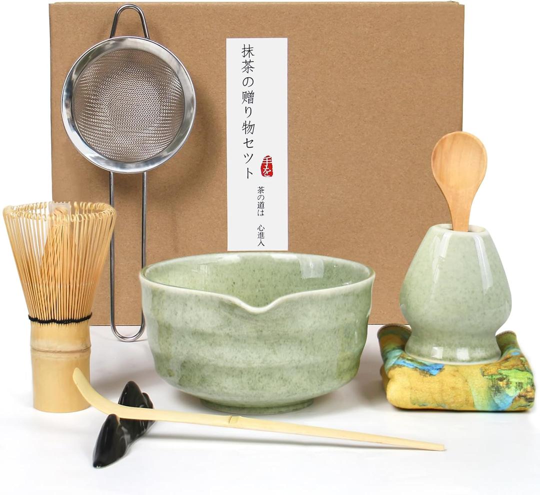 Matcha Whisk Set, 8pcs Japanese Ceremonial Matcha Kit include Mixing Bowl with Spout, Bamboo Whisk and Holder, Bamboo Matcha Scoop and Spoon for Matcha Tea Lovers