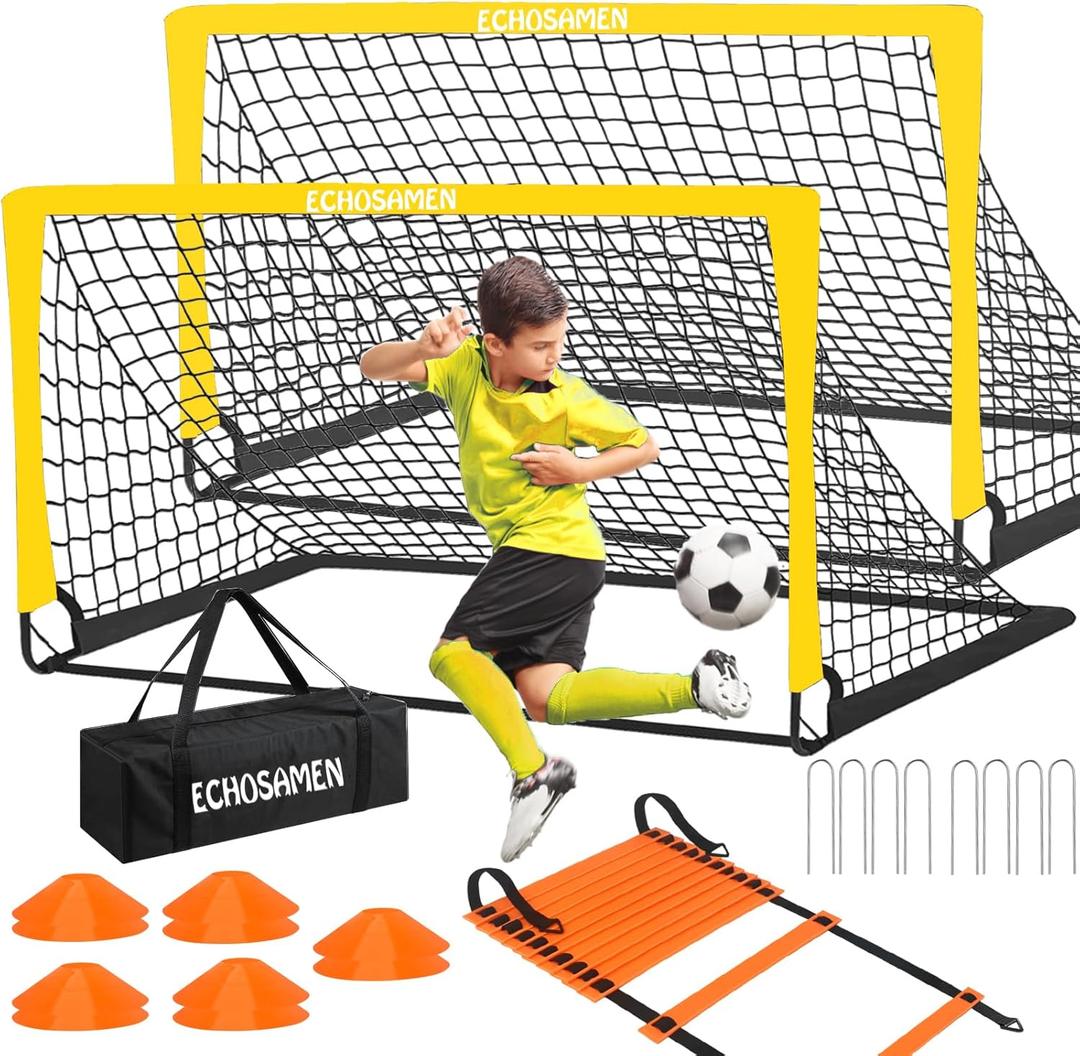 Kids Soccer Goals for Backyard, 2 of 6 x 4 ft Kids Soccer Goal Set Soccer Net with 10 Soccer Cones, Agility Ladder & Carry Bag, Portable Soccer Training Equipment (Yellow)