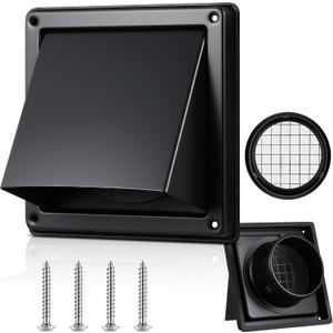 Gisafai 4'' Dryer Vent Cover Outside Walls External Extractor Fan Exhaust Vent Cap Stainless Steel Hood Cushioned Non Return Flap with Sealing Gasket Grille Screen(Black)