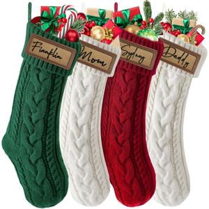steo spce 4 Pack Personalized Christmas Stocking with Leather Patches Custom Name Family Christmas Stockings, 18.5 Large Knitted Xmas Stockings for Kids, Holiday and Fireplace Party Decoration (Green)