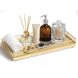 Bathroom Vanity Tray for Countertop, 12" x 6" Oak Wood Toilet Tank Tray with Metal Guardrail, Bathroom Organizer for Soap, Perfume & Skincare, Non-Slip Decorative Tray for Dresser, Gold & Natural Oak