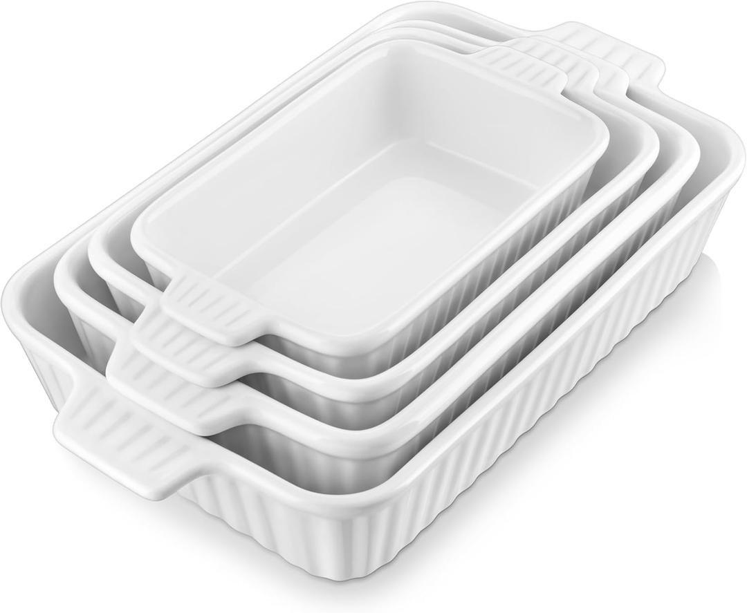 4 x MALACASA Casserole Dishes for Oven, Porcelain Baking Dishes, Ceramic Bakeware Sets of 4, Rectangular Lasagna Pans Deep with Handles for Baking Cake Kitchen, White (9.4"/11.1"/12.2"/14.7"), Series