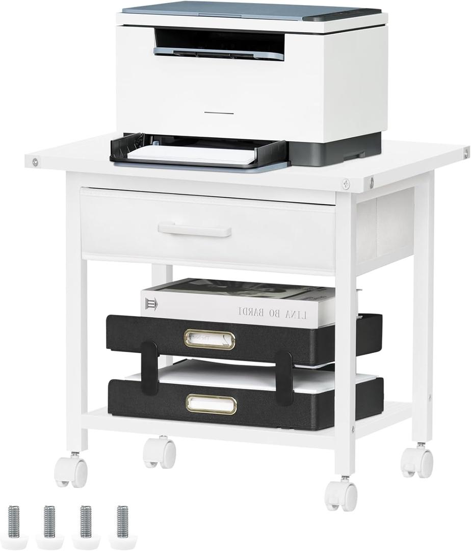 Lerliuo Under Desk Rolling Printer Stand with Drawer, 2-Tier Industrial Mobile Printer Table Desk with Storage Shelf and Steel Frame, Printer Cart Holder with Lockable Wheels for Home, Office (White) (without Charging Station)