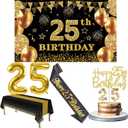 25th Birthday Decorations Men Women with 25th Birthday Banner, Black and Gold Table Cloth, Number Balloons, Large Sash, Cake Topper and Candles