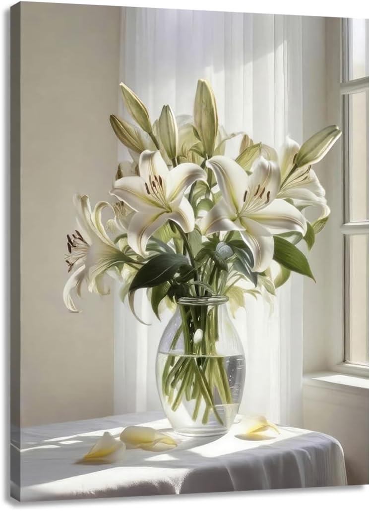 Woxfcart White Lily Canvas Wall Art, Floral Wall Decor for Gray Living Room Bedroom, Modern Minimalist Flower Print, Ready to Hang, 24 x 32 Inch