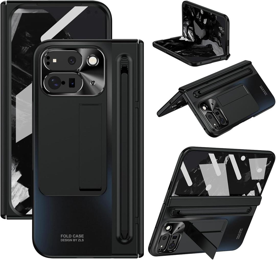 Miimall Slim for Google Pixel 9 Pro Fold Case with Pen & Pen Slot, One-Peace Stand Hinge Protection Anti-Fingerprint Screen Protector Case for Google Pixel 9 Pro Fold 5g Case, Black