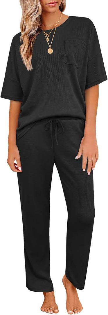 JiniGolla Womens Pajama Sets Waffle Knit Short Sleeve Shirt with Long Pajama Pants Soft Sleepwear Pj Lounge Sets (X-Large, Black)