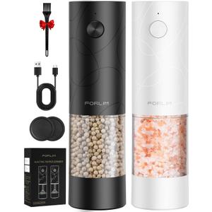 Electric Salt and Pepper Grinder Set, USB Rechargeable, Automatic Salt Pepper Mill Grinder with Dust Cover, One-Button Control, Adjustable Coarseness, Warm LED Light (2 Packs, Black&White)