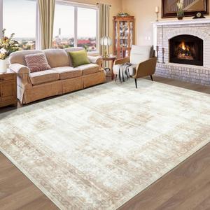 Vintage Living Room Area Rug - 6x9 Large Machine Washable Boho Moroccan Distressed Farmhouse Rugs for Bedroom - Soft Non-Slip Indoor Floor Accent Rugs for Office Dining Room (Beige, 6' x 9')