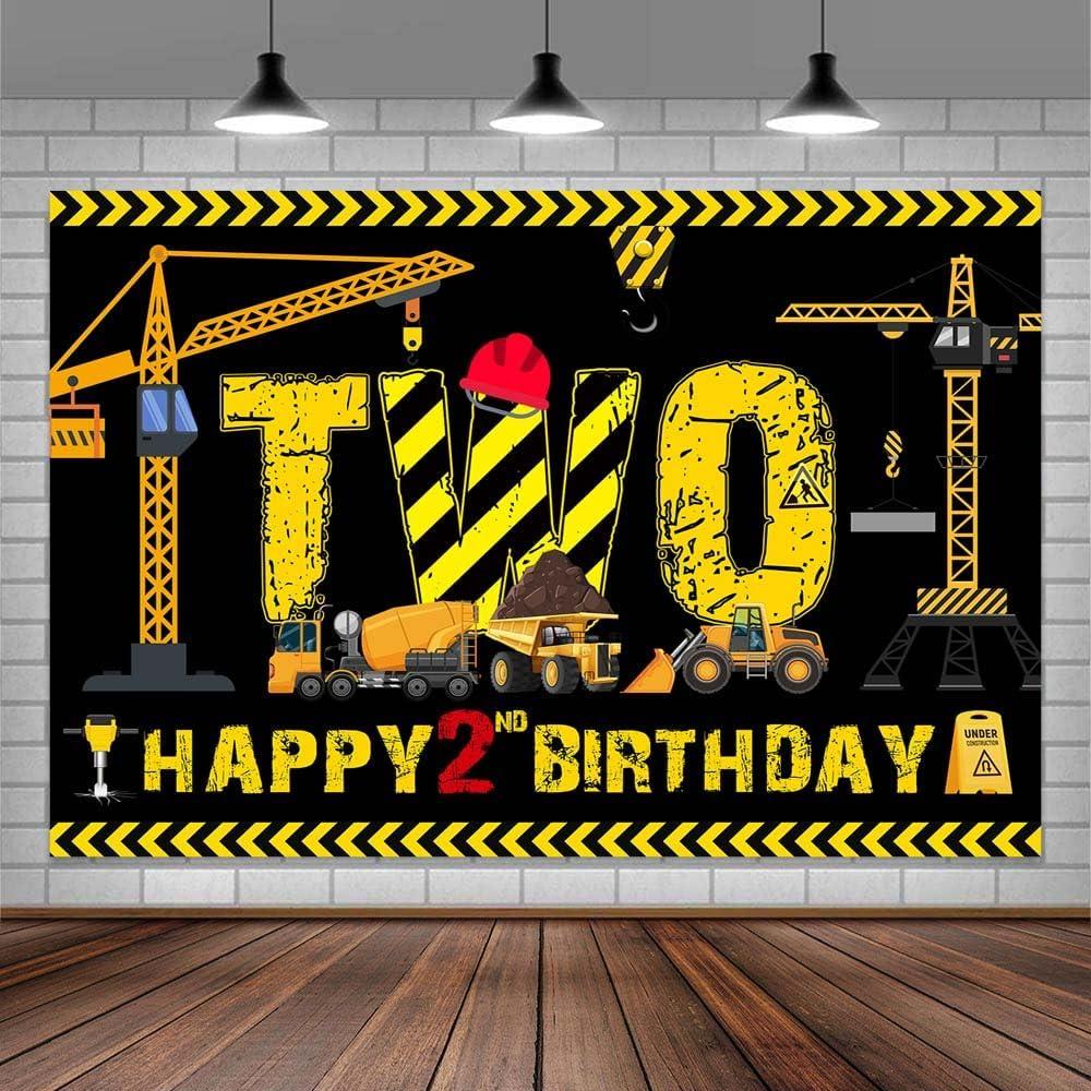 Construction 2nd Birthday Banner Decorations for Boys - Cartoon Truck Excavator Photograph Backdrop - Construction Birthday Party Supplies 7X5FT