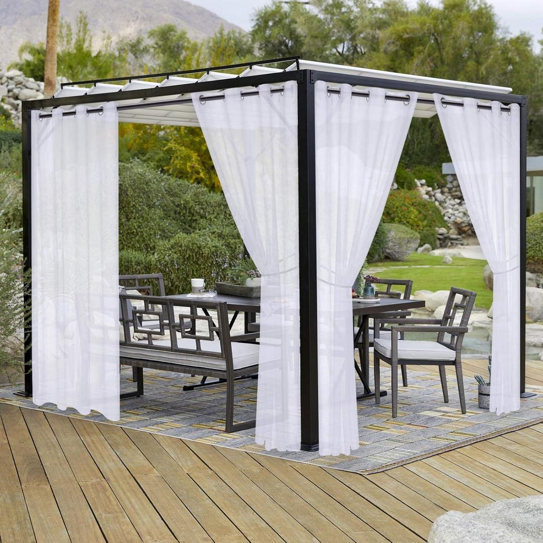 LORDTEX Burlap Linen Look Outdoor Curtains for Patio - 2 Panels Waterproof Sheer Curtains for Pergola, Porch, Cabana and Gazebo Grommet Indoor/Outdoor Voile Sheer Drapes (52 x 84 inch, White)