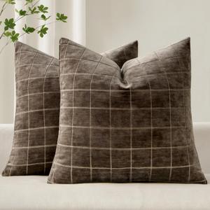MIULEE Decorative Chenille Check Throw Pillow Covers Vintage Plaid Couch Pillows 22x22 Inch  Neutral Boho Farmhouse Cushion Covers Modern Home Decor for Sofa Bed Living Room Brown