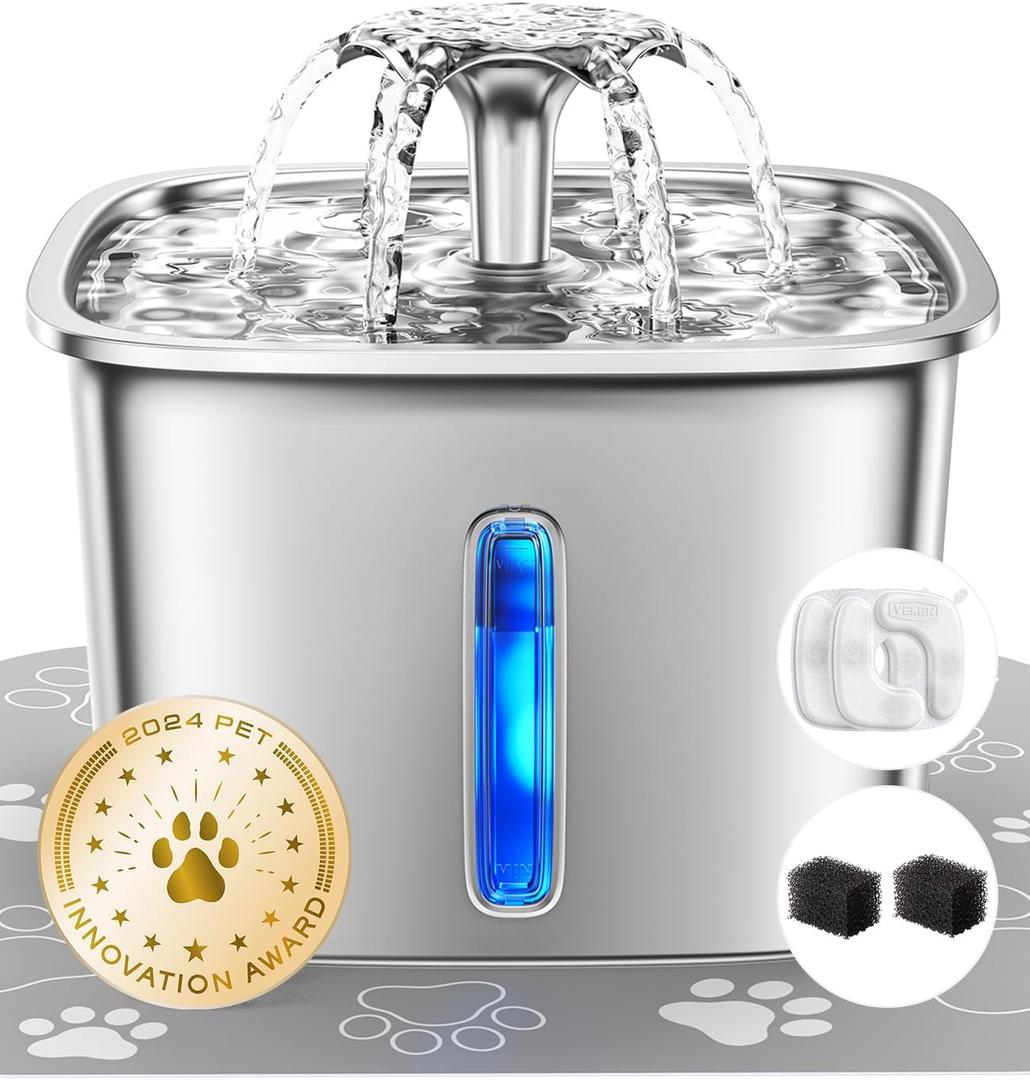 Veken Innovation Award Winner Stainless Steel Cat Water Fountain, 95oz/2.8L Automatic Pet Fountain Dog Water Dispenser with Replacement Filters & Silicone Mat, Gifts for Cats, Dogs (Silver) (95oz (Standard Fill))