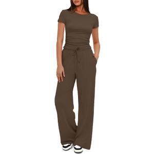 Darong Women's 2 Piece Summer Outfits Lounge Sets Side Ruched Short Sleeve Crop Top & Wide Leg Pants Matching Tracksuit (Brown, M)