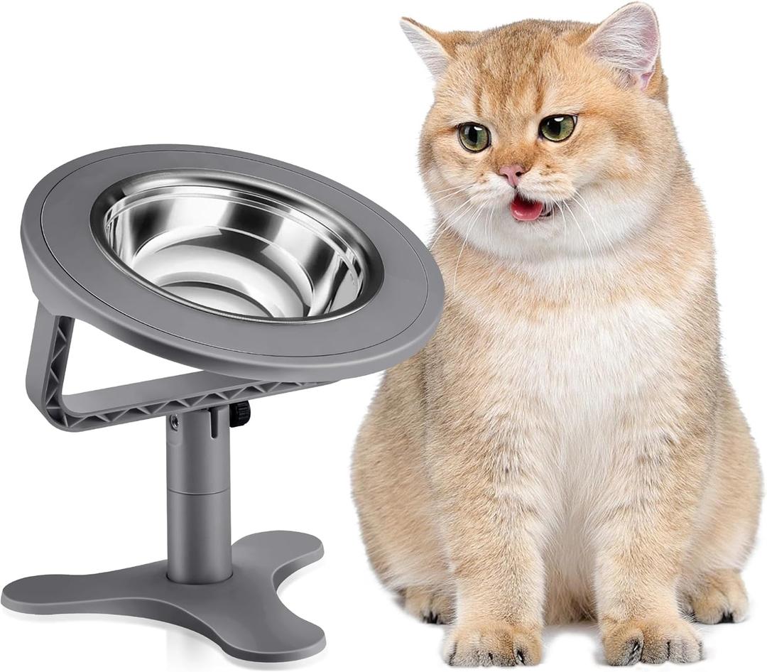 Raised Cat Bowls,Elevated Cat Bowls for Indoor Cats with Height-Adjustable Stand,Non-Slip Stainless Steel Bowl,15 Tilted Kitten Food Bowl(1-Pack, Grey)