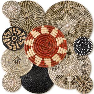 Tatuo 11 Pcs Boho Wall Basket Decor Bulrush Woven Wall Hanging Art Round Farmhouse Rustic Handmade Wicker for Summer Home, Bedroom, Living Room, Kitchen Decorations, Multi Sizes(Dark)