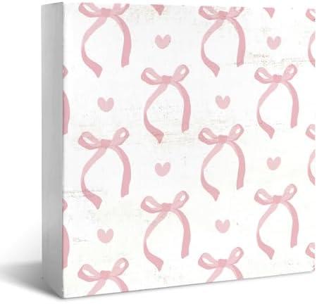 JXREQ Coquette Pink Bow Wall Decor Desk Decorations for Home Bathroom Office Teen Girls Dorm Tabletop, Gifts for Women Teen Girls, Pink Bow Decor Woden Box Sign, 5x5 Inch