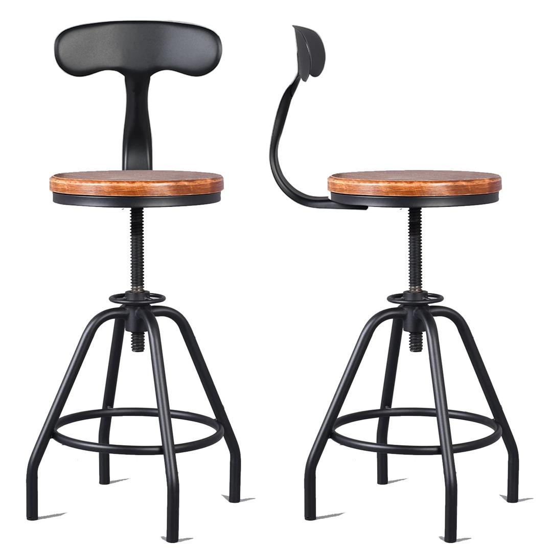 BOKKOLIK Set of 2 Vintage Bar Stools with Metal Backrest Swivel Wooden Seat Counter Height Adjustable 19.7-23.6inch for Kitchen Island Dining Chair Office Guest Stool