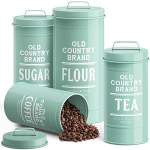 Barnyard Designs Canister Set for Kitchen Counter, Farmhouse Canisters Sets for the Kitchen Countertop, Metal Canister with Lid, Coffee Tea Sugar Flour Container Set for Counter (Mint), Set Of 4 