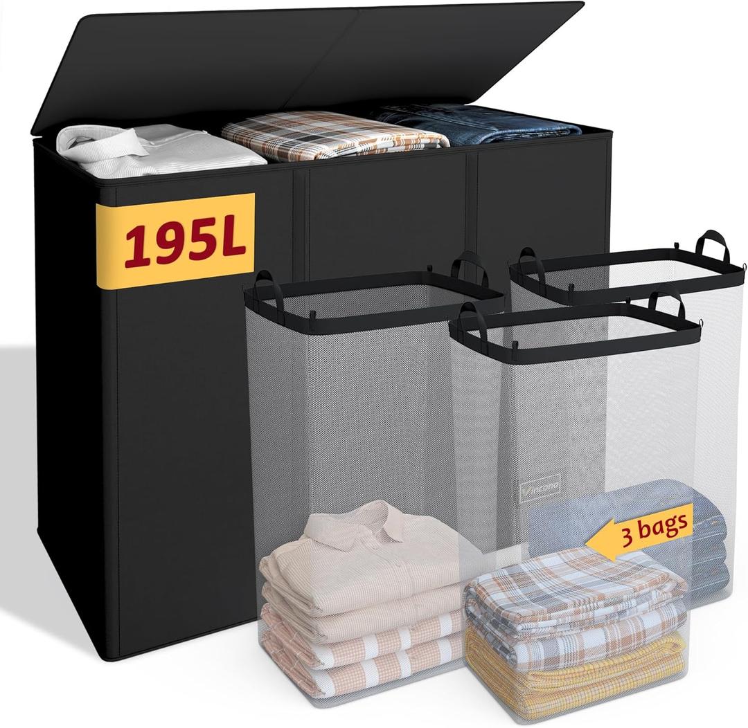 195L Laundry Hamper 3 Section,Large Laundry Hamper with Lid,Dirty Clothes Hamper with 3 Inner Bags,Collapsible Laundry Basket Organizer for Laundry Room,Bedroom,Laundry Sorter Hamper 3 Compartment (Black)