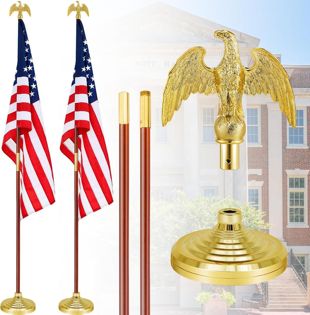 Shimeyao 2 Pack 8 ft Indoor Flag Pole Set with Base and Eagle Topper Telescoping Heavy Duty Flagpole with Stand Holder for Office Hall City, American Flag Not Included(Wood Color,Wood)