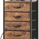 Huuger 5 Drawers Dresser with Charging Station, Dresser for Bedroom, Tall Night Stand, Chest of Drawers with Open Shelf, Bedside Table Nightstand, Fabric, for Entryway, Rustic Brown