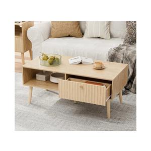 Coffee Table with Storage, Boho Dining Table with Fluted Drawer and Solid Wood Legs, Small Coffee Tables for Living Room, Oak