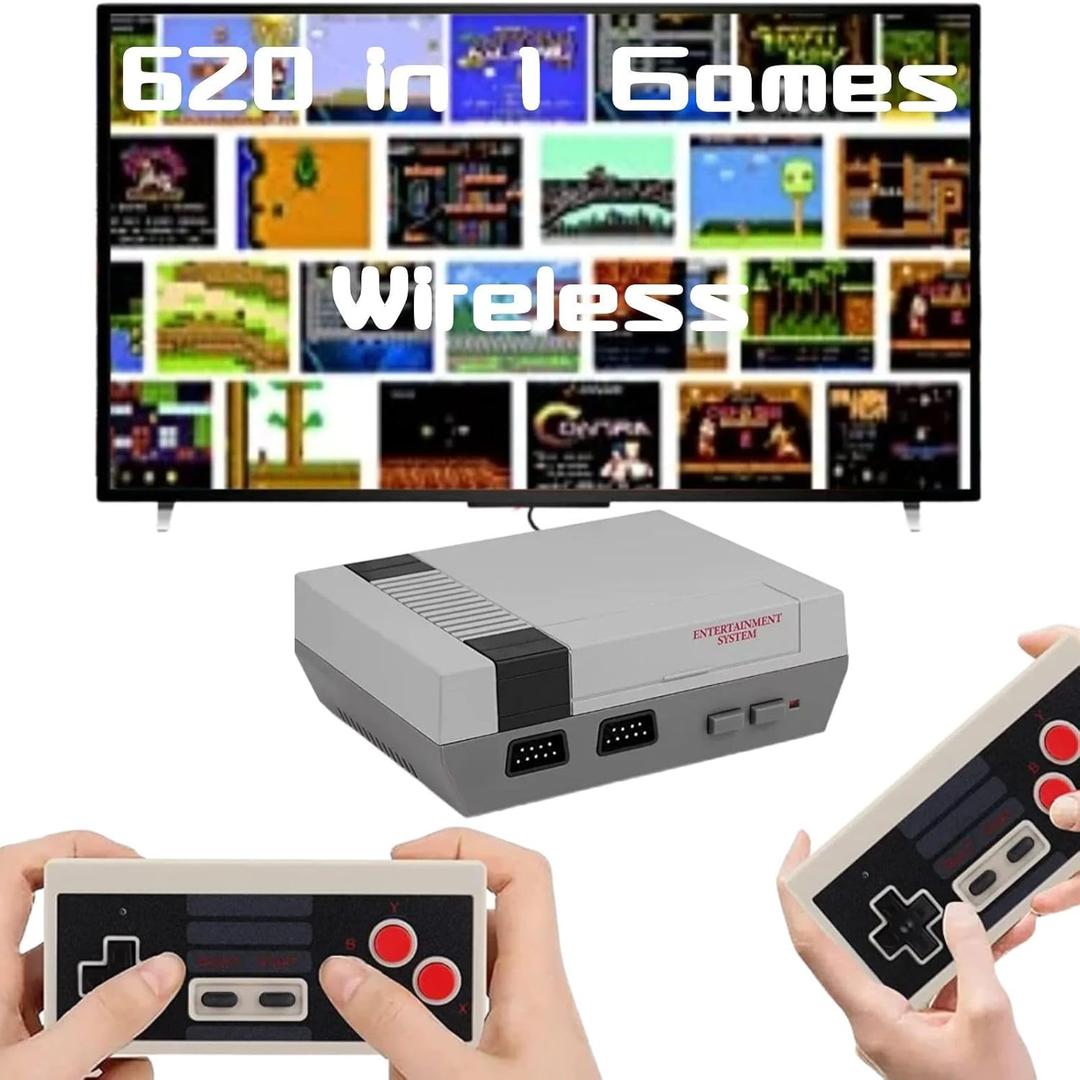 Retro Game Console, 620 Retro Games System, Built-in Classic Video Games, Plug & Play Game Console for TV with AV Output and 2 Wireless Controllers (Grey)