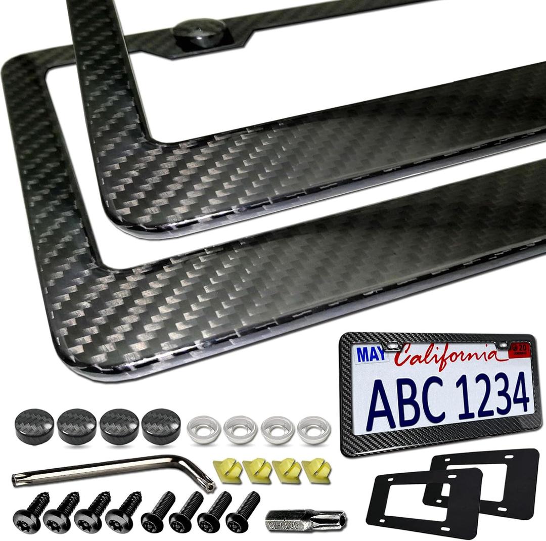 BGGTMO Carbon Fiber License Plate Frames - 100% Real Carbon Cloth Wrapped Stainless Steel Metal, Slim Car Tag Holder with Anti-Theft Screws & Caps (2 Pack 2 Hole)
