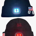 LED Beanie Hat with Rechargeable Headlight & Rear Red Light, 3 Modes, USB Charging, Warm Winter Cap with USA Logo, Black