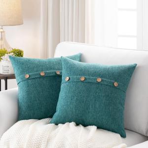 Meekio Set of 2 Teal Blue Square Pillow Covers 16 x 16 Farmhouse Boho Pillow Covers with Coconut Buttons for Sofa Couch Living Room Bedroom Farmhouse Dcor for The Home (16" x 16" (Pack of 2))