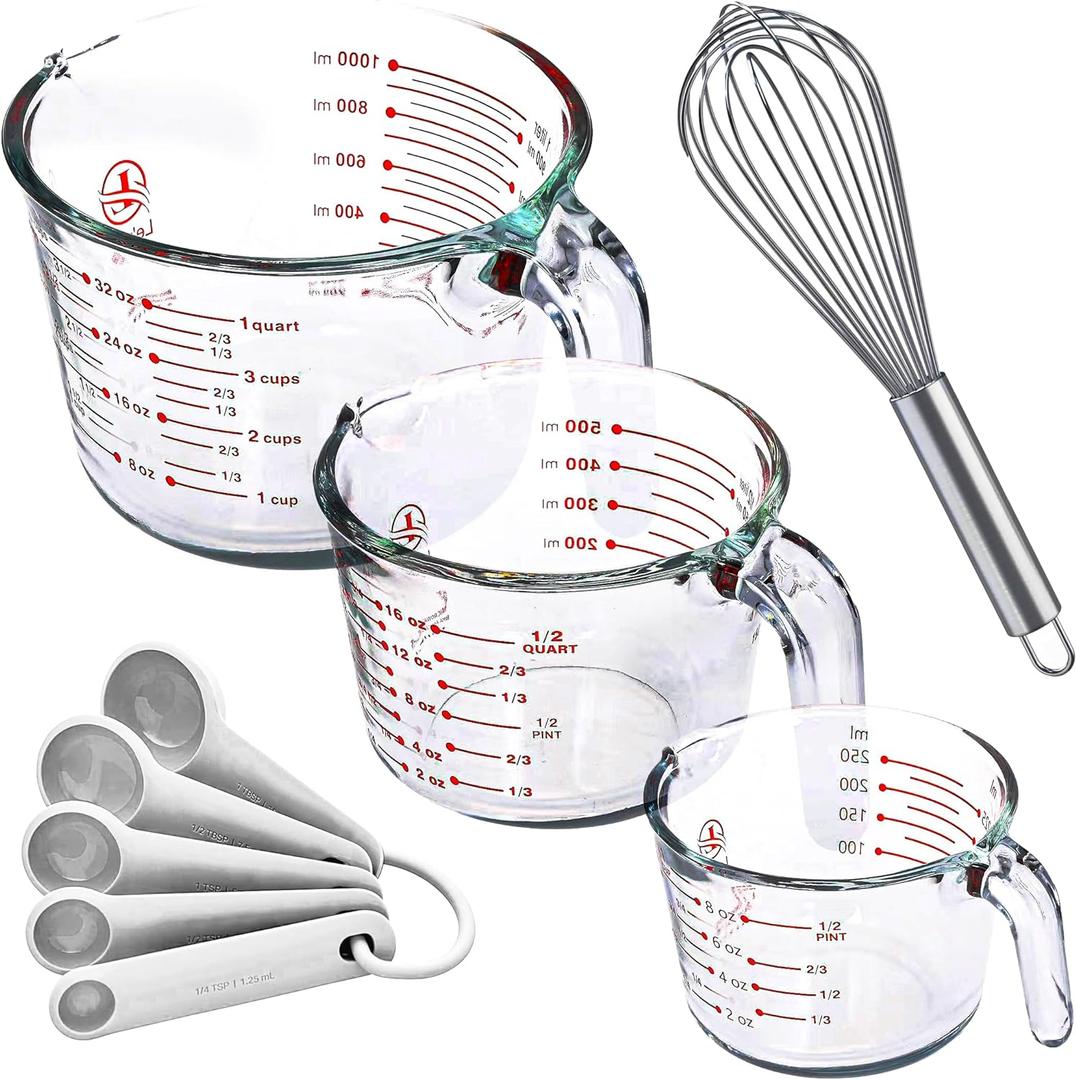 Le'raze Set of 3 Glass Measuring Cups with Measuring Spoons & Whisk - Kitchen Mixing Bowl Liquid Measure Cup, Glass Bakeware. 1 cup, 2 cup, 4 Cup., Multi Size, Clear