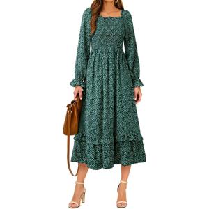 Dokotoo Boho Dresses for Women 2025 Casual Floral Square Neck Long Sleeve Smocked Elastic Waist Tiered Ruffle Hem Maxi Dress (Green)