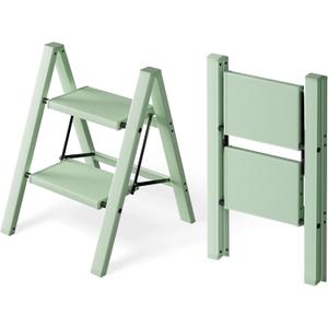 HillhutApex 2 Step Ladder, Lightweight Portable 2 Step Stool with Anti-Slip Wide Pedal, 330lbs Capacity Aluminum Ladder for Household,Office,Library(Pale Green)