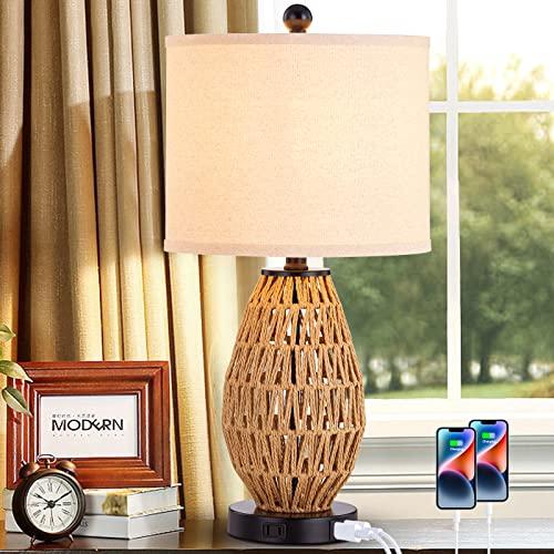 CINSARY Touch Control Rattan Table Lamp, 3 Way Dimmable Bedside Lamp for Bedroom with 2 USB Ports and AC Outlet, Wicker Nightstand Lamps for Living Room(LED Bulb Included), Rattan-1PK