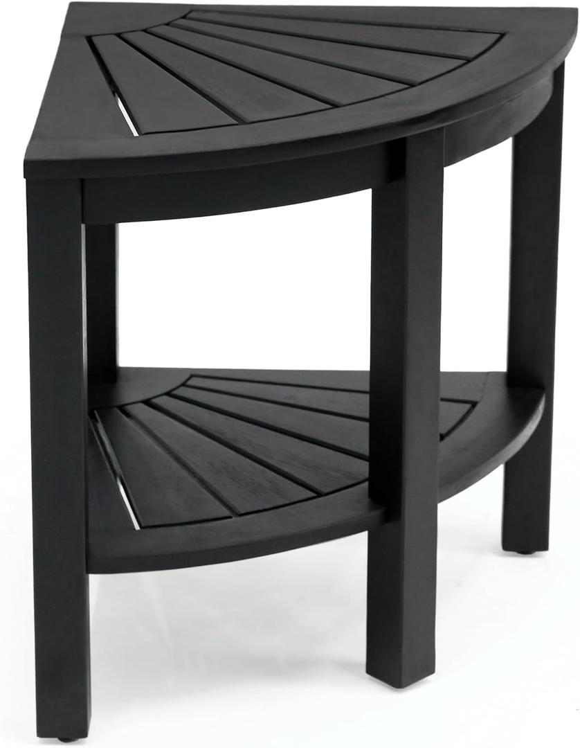 JONATHAN Y Maris Coastal Acacia Wood Corner Shower Stool, 18" 2-Tier Waterproof Bath Bench with Storage Shelf for Bathroom & Spa, Foot Rest for Shaving Legs, 350 lbs Capacity, Black END6002B