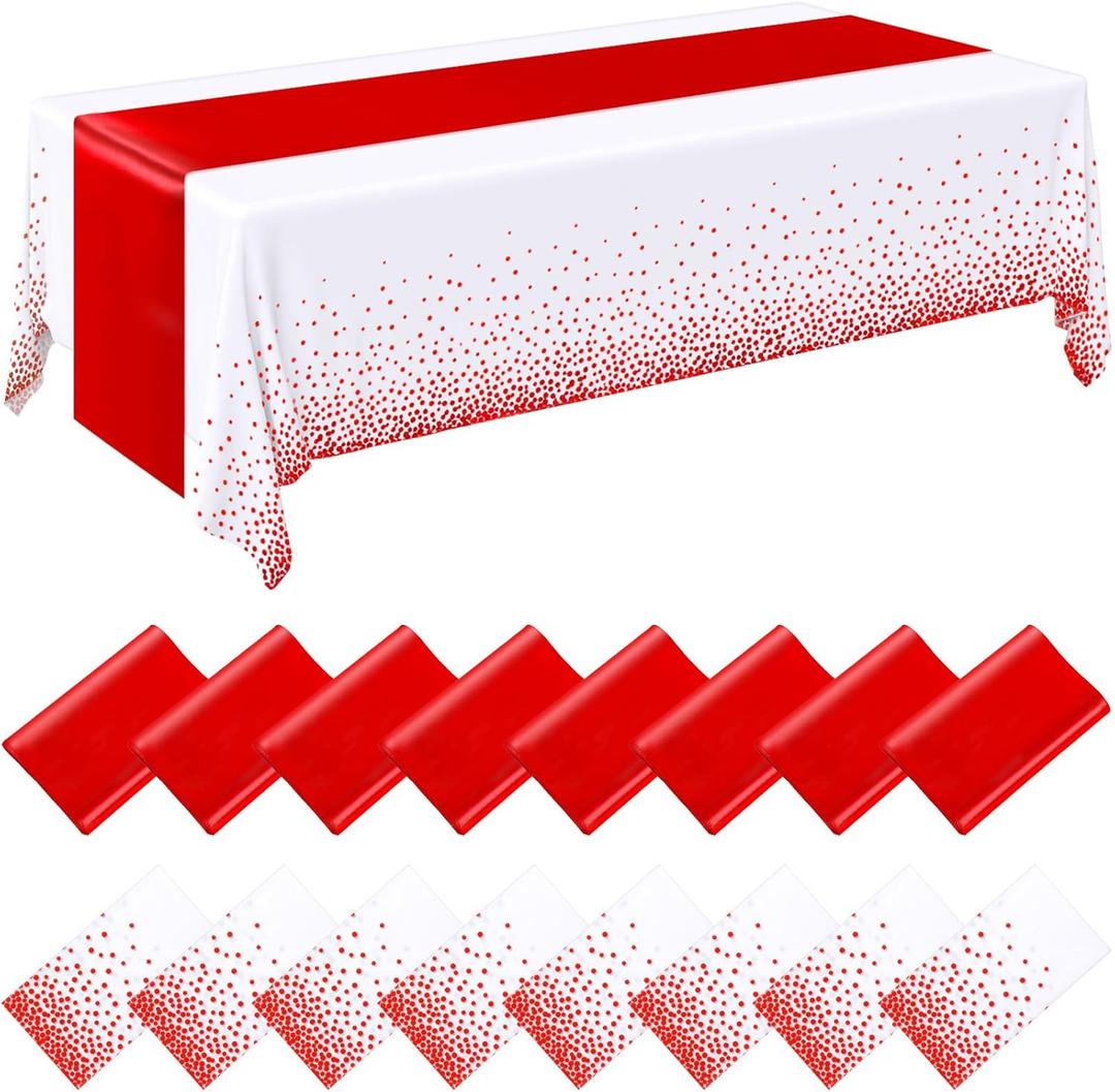 Tudomro 16 Pcs White and Red Disposable Plastic Tablecloths and Satin Table Runner Set 54x108 Inch Tablecloth 12x108 Inch Table Runners for New Year Wedding Birthday Baby Shower Graduation