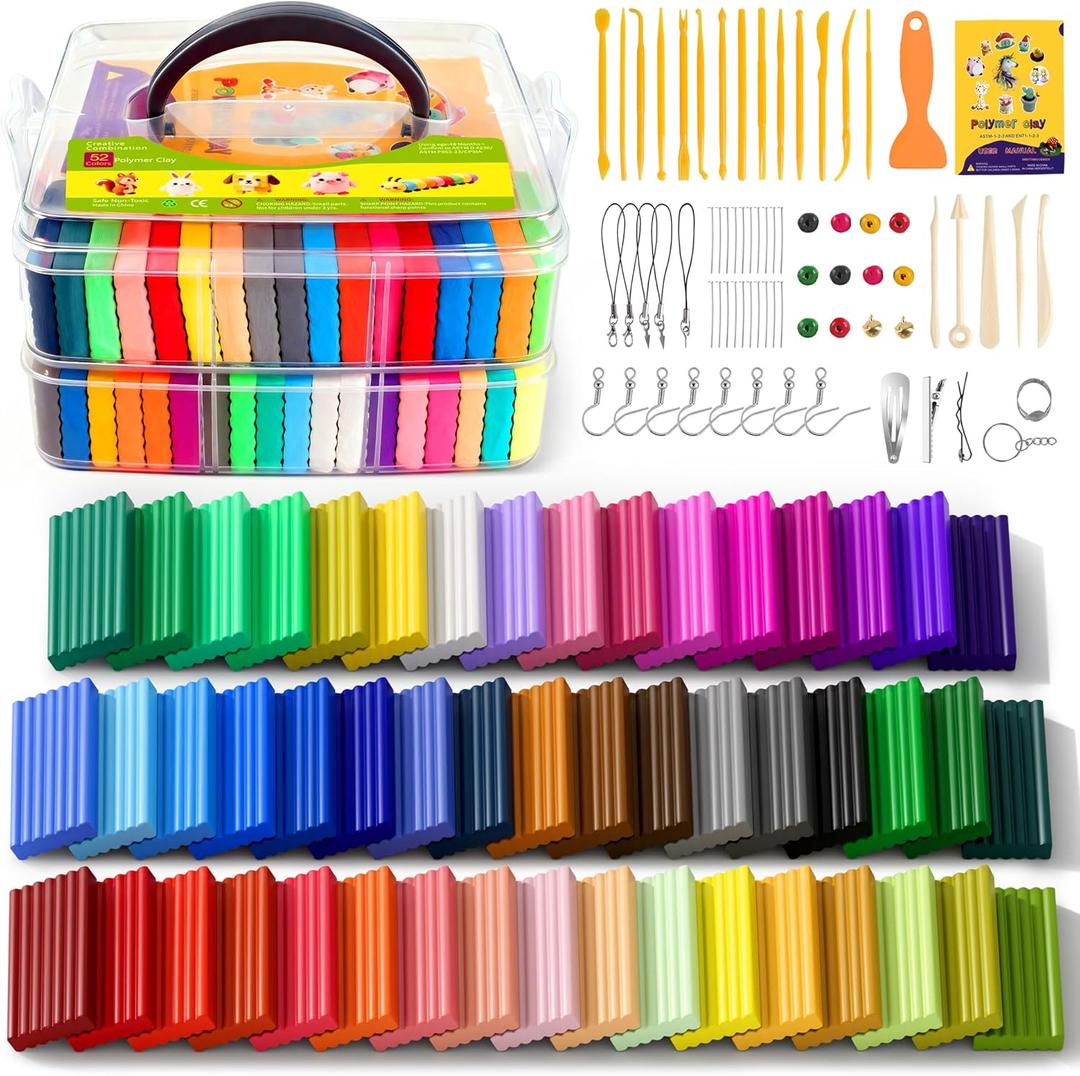 52 Colors Polymer Clay kitModeling Clay with Sculpting Tools for Starter,Oven Bake DIY Model Clay,Non-Toxic, Non-Sticky,Gift for Kids Adults