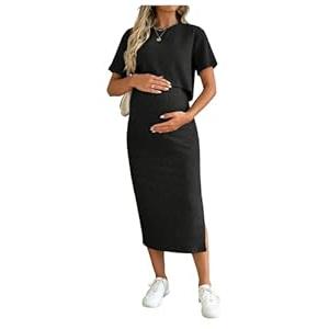 SHENHE Women's Maternity Ribbed 2 Piece Outfits Short Sleeve Crop Top Bodycon Slit Midi Skirt Set Black, Large