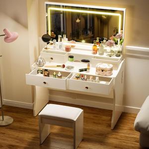 COMHOMA Makeup Vanity Desk with Mirror and Lights, Vanity Table and Chair Set with 5 Drawers & Charging Station, Bedroom Dressing Table, Stepless Dimmable & 3 Color Modes Adjustable, Snow White, Large