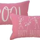 2pack Halloween Skeleton Decor Pillow Covers 12x20 Inch Happy Halloween Skull/ Boo Cushion Covers Farmhouse Funny Skull Decorative Rectangular/ Lumbar Pillowcases for Sofa/ Couch/ Porch (Pink, 12"×20")