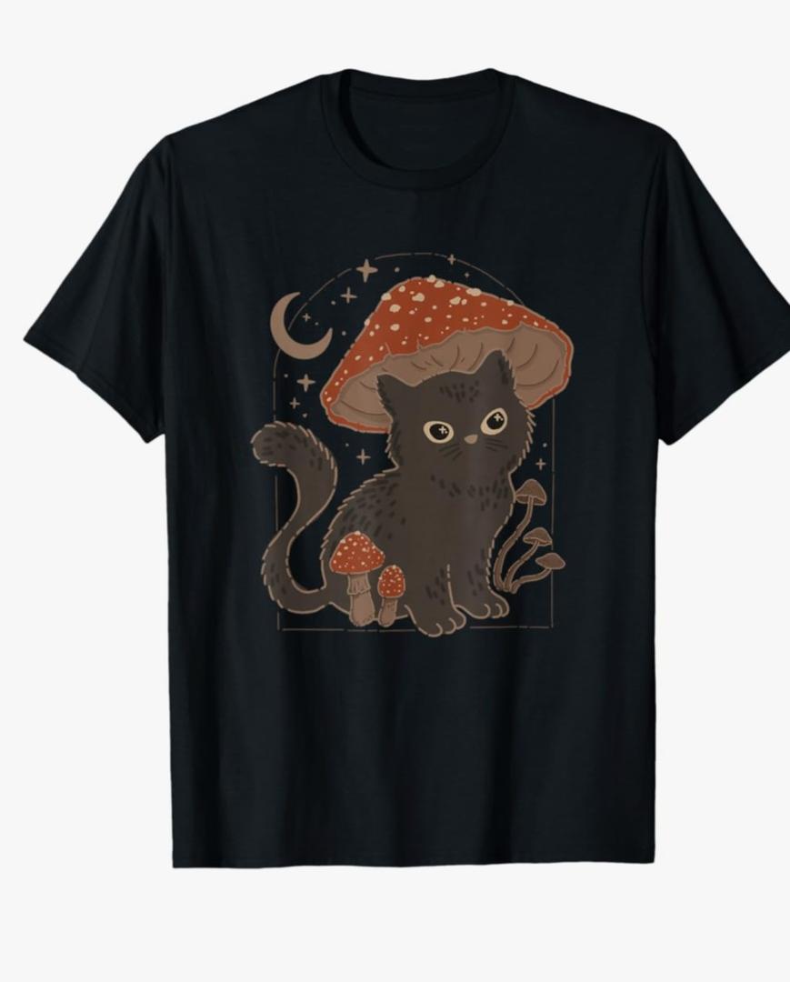 Cute Cottagcore Cat Mushroom Hat Vintage Grunge Aesthetic T-Shirt, S